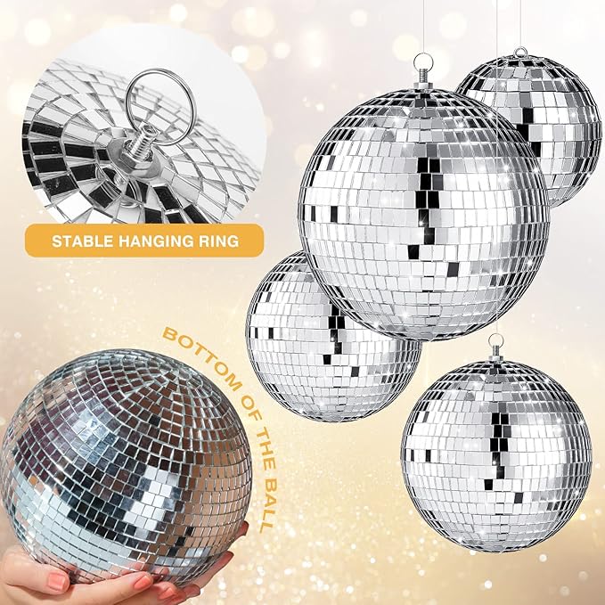 Disco Ball Party Decorations, 4 Pack Silver Mirror Balls, 4 to 12 Inch