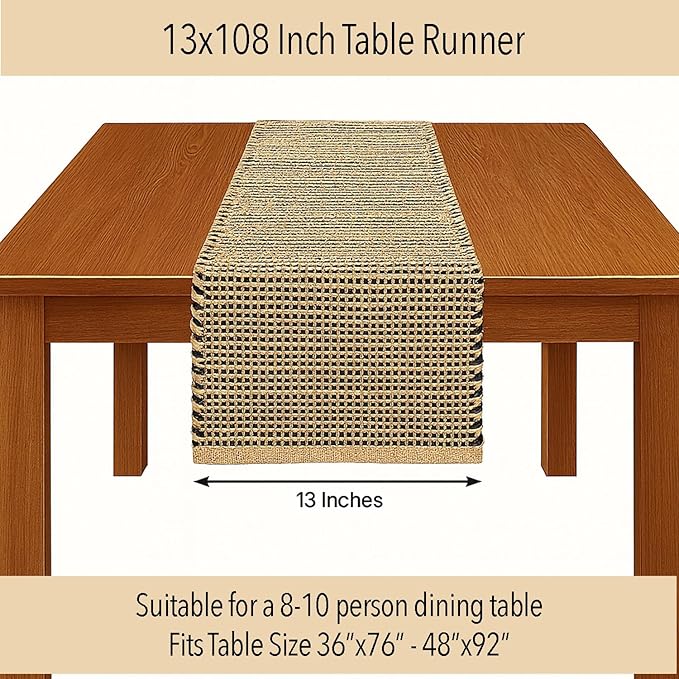 Chardin home Natural Jute Table Runner 13x108 Inch – Vintage Boho Rustic Table Decor – Handwoven Long Table Runner in Natural Jute and Black – Farmhouse Dining or Console Table Accent
