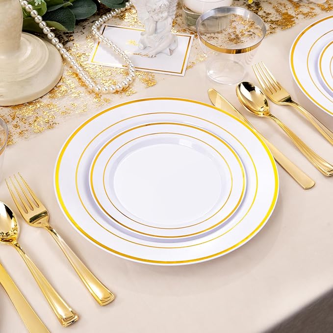 Plates: 300 Count White Plastic Round Disposable Party Plates with Gold Trim