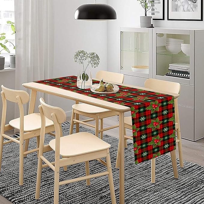 Christmas Table Runner, Red Check Plaid Winter Xmas Holiday Table Cloth Kitchen Dining Table Decoration for Home Party Decor 13x108 Inch