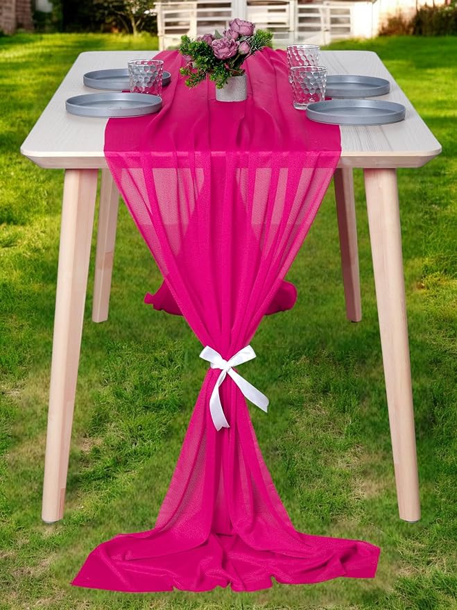 MDS 2 Pack 14ft Chiffon Table Runner 29 x 170 Inches Sheer Wedding Runner Romantic Rustic Table Runner for Wedding Decorations, Birthday Parties, Bridal Shower Party Arch Decor - Hot Pink