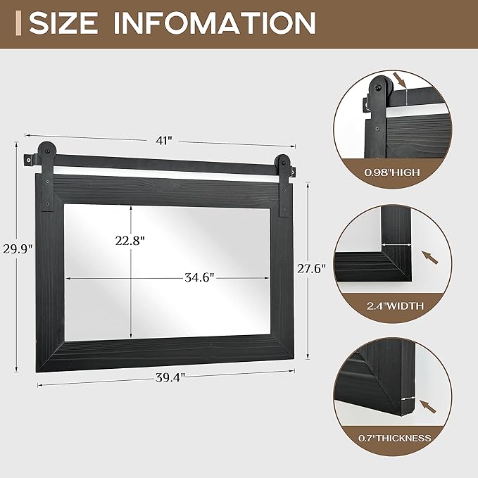 COGOOD Farmhouse Bathroom Mirror - 41" x 30" Rustic Barn Door Mirror for Living Room, Entryway, Bedroom, Vanity Wall Decor (Black)