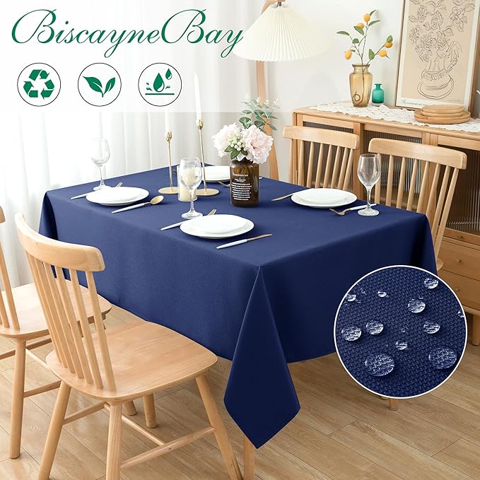 Biscaynebay Textured Fabric Tablecloths 70x120 Inches Rectangular, Navy Water Resistant Tablecloths for Dining, Kitchen, Wedding and Parties etc. Machine Washable