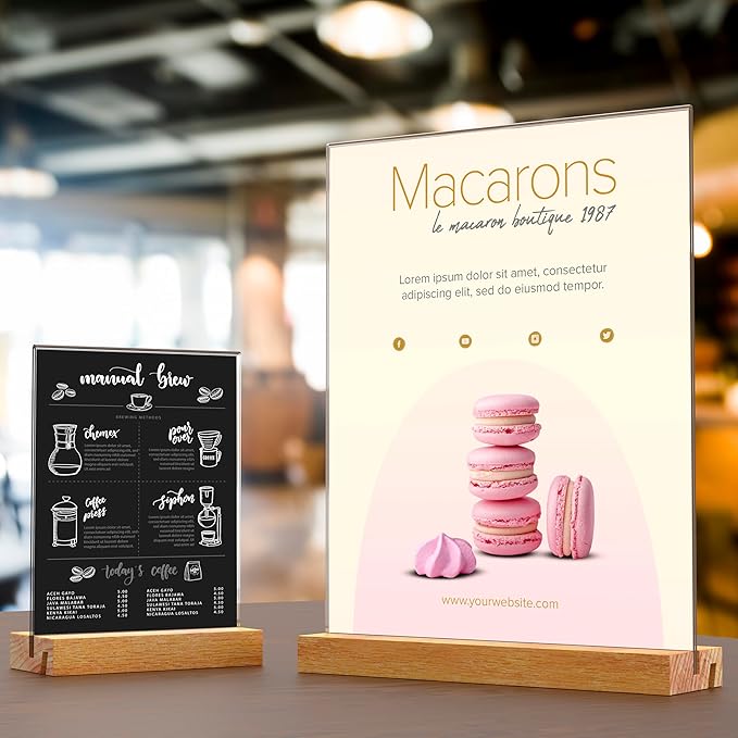 Acrylic Sign Holder with Wood Base 8.5x11 Inch Vertical and Slant Displays (5 Pack 8.5*11")
