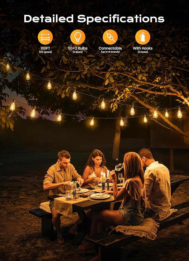 String Lights, 100 ft Outdoor Warm White LED with 50 Shatterproof Bulbs