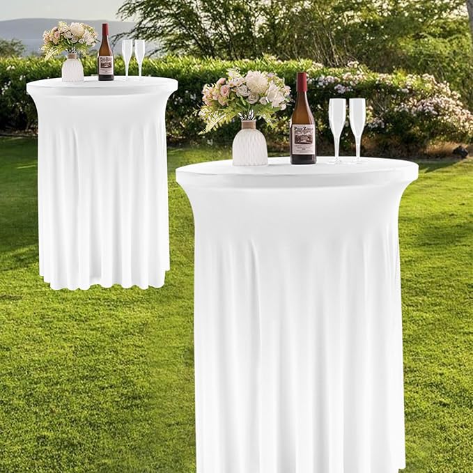 Fivenl 2 Pack Spandex Cocktail Table Skirt 32"x 43" White Stretch Cocktail Table Cover, Washable Round High Top Tablecloth for Bar, Wedding, Party, Events (White)