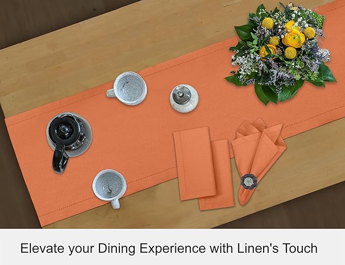 Ruvanti Linen Table Runner 48 Inches, Classic Hemstitch, Washable, Reusable, Non-Slipping, Stain Resistant- Perfect for Parties, Weddings, Dinners, Thanksgiving, Christmas, Indoor use – Orange