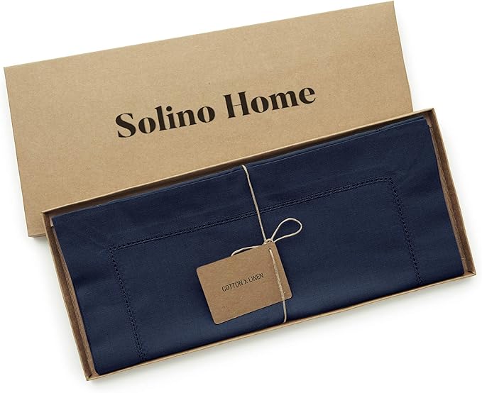 Solino Home Navy Blue Table Runner 90 Inches Long - Cotton Linen Hemstitch 14 x 90 Inch Table Runner for Dining, Fall, Autumn, Thanksgiving, Holiday