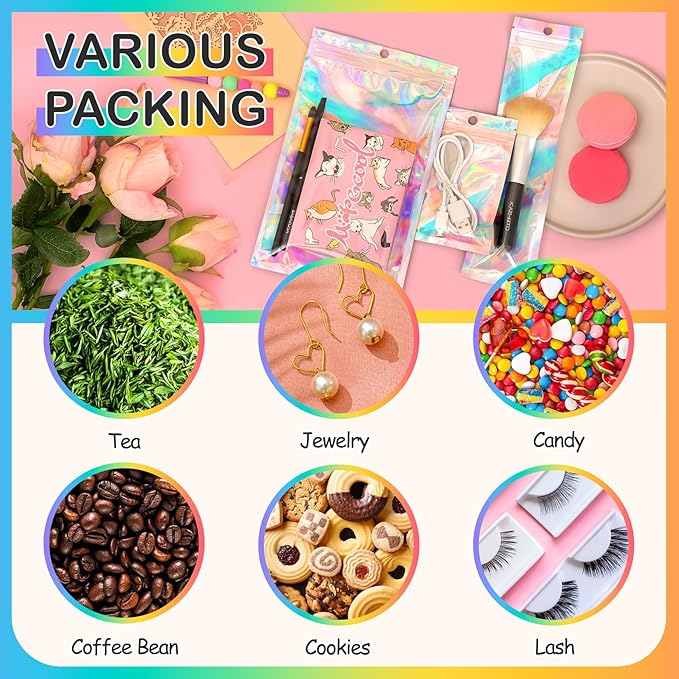 Funfery 100 Pack Smell Proof Holographic Bags Clear Window Resealable Bags,Mylar Foil Bag with Zipper,Sealing Pouch Packaging Bag for Food Storage,Candy,Party Favor Sample Business Supplies(3x4.7in