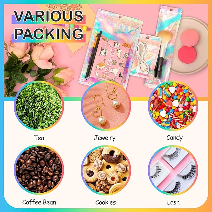 Funfery 100 Pcs Smell Proof Holographic Bags Clear Window Resealable Bags,Mylar Foil Bag with Zipper,Sealing Pouch Packaging Bag for Food Storage,Candy,Party Favor Sample Business Supplies(6.3x9.4in)