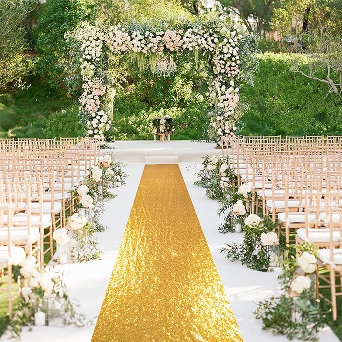 Aisle Runner, Gold Sequin, 4 x 30 Ft, Seamless Mesh, Indoor or Outdoor