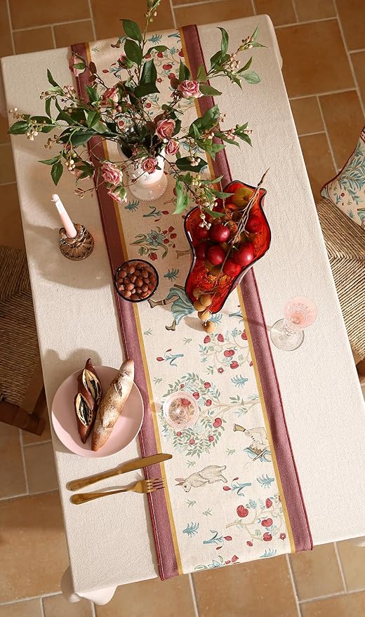 patdrea Designer Idyll Linen Extra Long Table Runner,Vintage Beige Farmhouse with Ancient Figure Fruit Trees Pattern Table Mat, Decoration for Kitchen Dining Paties Banquet Christmas ,16"*118"