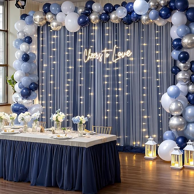 10×10ft Navy Blue Tulle Backdrop Curtain with Lights String for Parties, Sheer Photo Backdrop Curtains for Wedding Party Photography Background