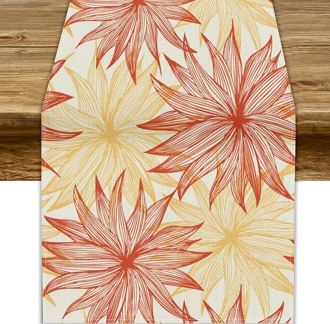 Autumn Chrysanthemum Table Runner, Vintage Modern Geometric Floral Boho Table Runner for Kitchen Dining Bedroom Living Room Table Decor for Indoor Outdoor Home Party, 13x60 Inch