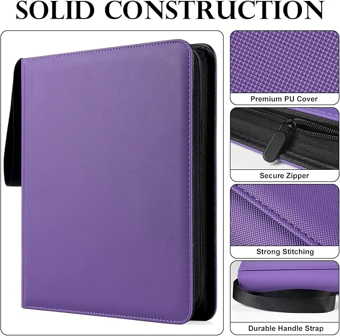 GEAoffice 12 Pocket Card Binder Holds 720 Cards - Sturdy PU Cover Trading Card Collection Holder Folders Album for YuGiOh, MTG, TCG, Games&Sports, Ringless, Non-PVC, Purple