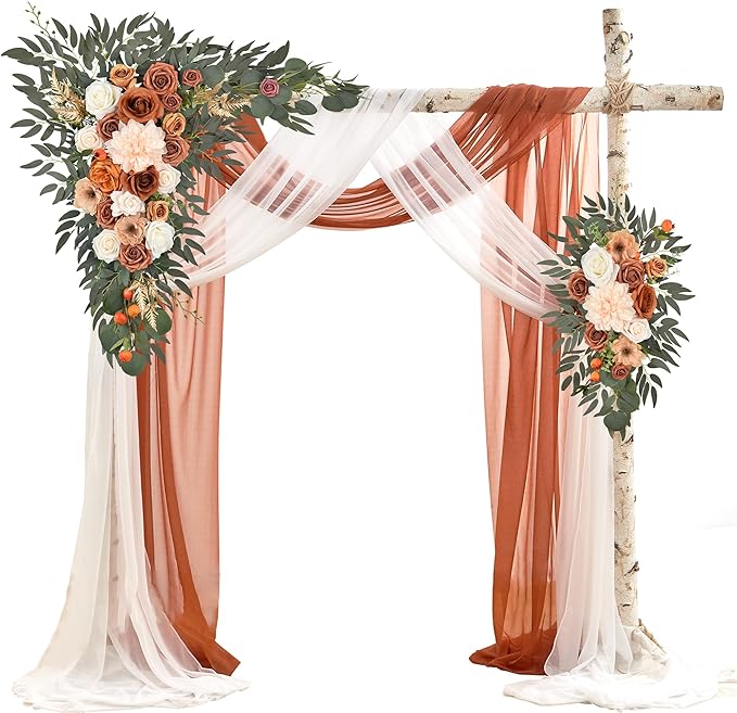 Artificial Flowers Terracotta Silk Wedding Arch Kit with Sheer Drapes