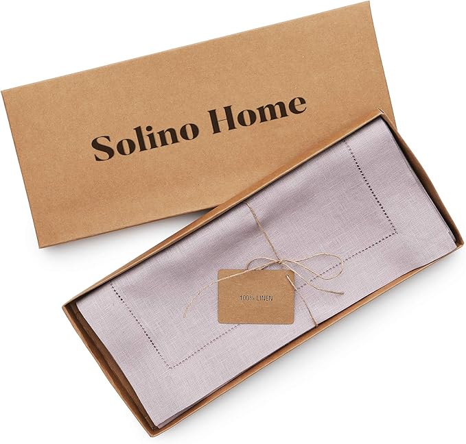 Solino Home Linen Table Runner 60 Inches - 100% Pure Linen Lilac Hemstitch Table Runner 14 x 60 Inch Ideal for Dresser and Coffee Tables - Classic Hemstitch