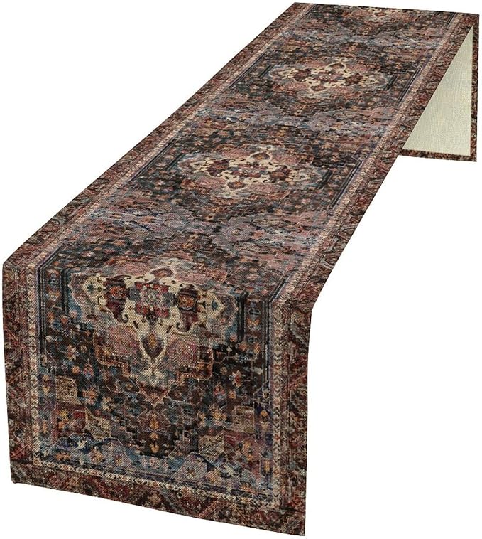 Vintage Boho Floral Table Runner, Rustic Country Farmhouse Black Bohemia Flower Pattern for Home Kitchen Table Decor Dining Coffee Room Party Decor 13x120in