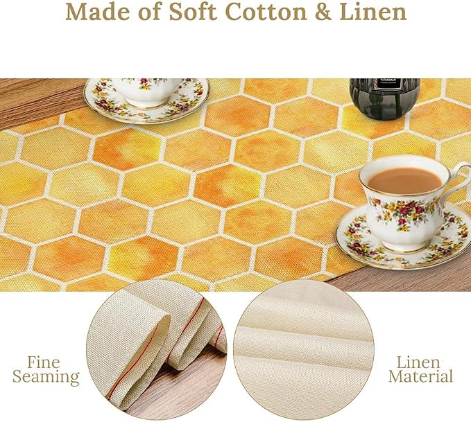 Honeycomb Bee Table Runner, Cute Abstract Geometric Yellow Honeycombs Print Table Cover for Kitchen Dining Table Indoor Outdoor Party Decor, 13x70inch