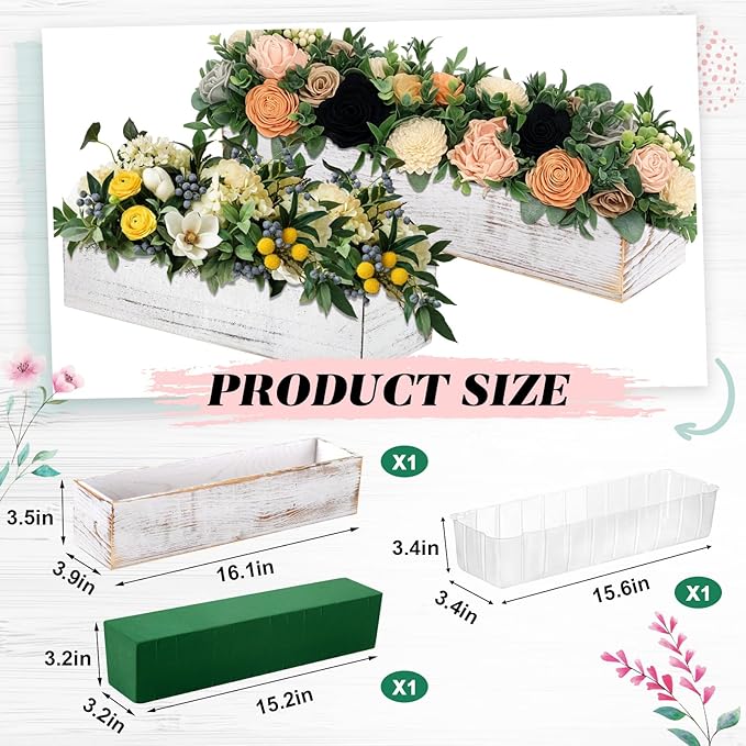 Planter Box Set, Rectangular Wood, White, 16 Inch with Liner and Foam