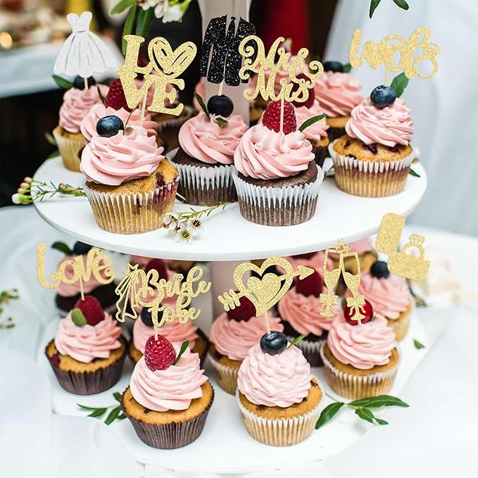 Ephlyn 30Pcs Bride to be Cupcake Toppers Glitter Diamond Ring Love I Do Cupcake Picks for Miss to Mrs Bridal Shower Wedding Engagement Bachelorette Cupcake Decorations Party Supplies Gold