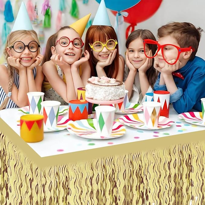 6 Pack 29x108 Inch Light Gold Wave Foil Fringe Table Skirts Metallic Banner for Tinsel Streamer Garland Backdrop for Parade Floats Wedding, Mother's Day, Birthday Mardi Gras Party Decorations
