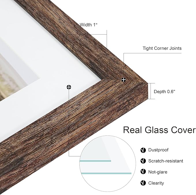 10x10 Picture Frame Set of 2, Real Glass and Rustic Brown Collage Frame, Display Pictures Four Opening 4x4 With Mat or 10 x 10 Without Mat for Wall Hanging or Tabletop