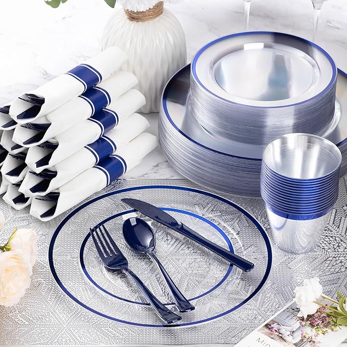 Plates Set for 25 Guests, 175 Pieces, Dark Blue with Blue Rim