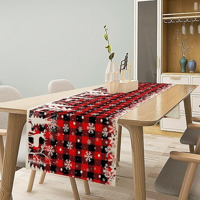 Christmas Table Runner,Red Black Plaid Xmas Snowflakes Deer Trees Print Tablecloth Burlap for Hotel Indoors Outdoor Dining Room Kitchen Home Decor,W13X L90 in