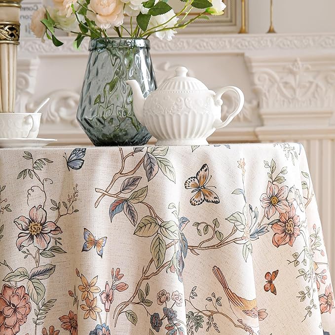 ISAENNE Designer French Light Beige Small Round Tablecloth,Linen Florals and Birds Pattern Table Cloth,Anti-Wrinkle Decorative Tablecloths for Dining Thanksgiving Kitchen,Diameter 55"-Cornucopia