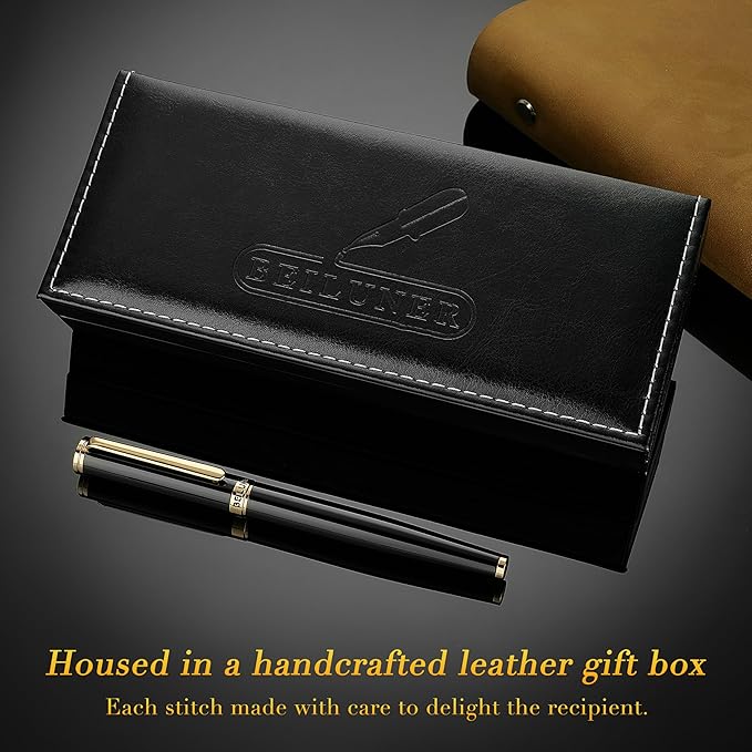 BEILUNER Black Fountain Pen,Stunning Luxury Pens with 24K Gold Accents, Gorgeous 24K Gilded Nib(Fine), Trustworthy Pen Gift for Men&Women -Ink Converter-Elegant, Reliable,Fancy Pen for Writing