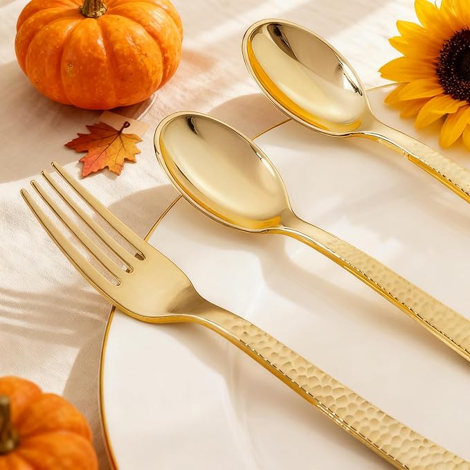 Spoons and Forks Set: 400 Piece Gold Hammered Plastic Cutlery