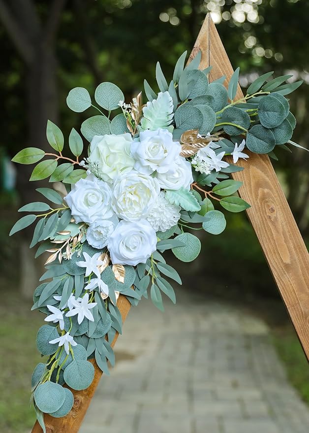 Artificial Flowers Swags Set of 2 in White and Gold Silk for Arches