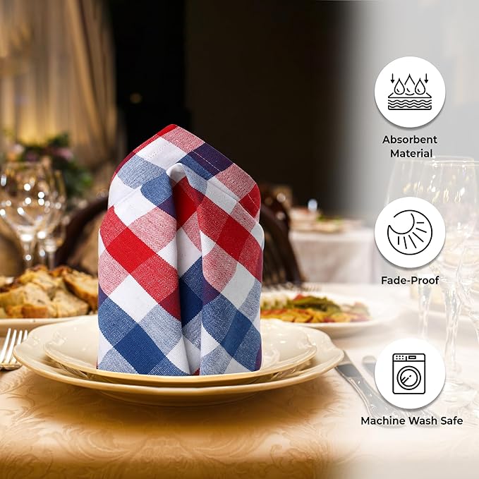Cloth Napkins Checkered Red White Blue 100% Cotton 20x20 Inch