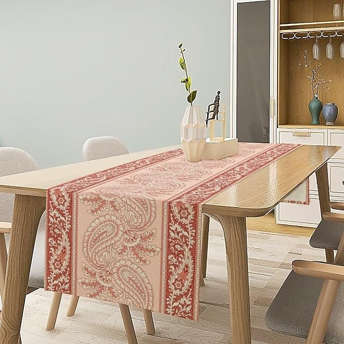 Pink Paisley Table Runner, Abstract Vintage Boho Paisley Flowers Leaves Print Table Runner for Home Kitchen Dining Room Wedding Party Decor, 13x70inch
