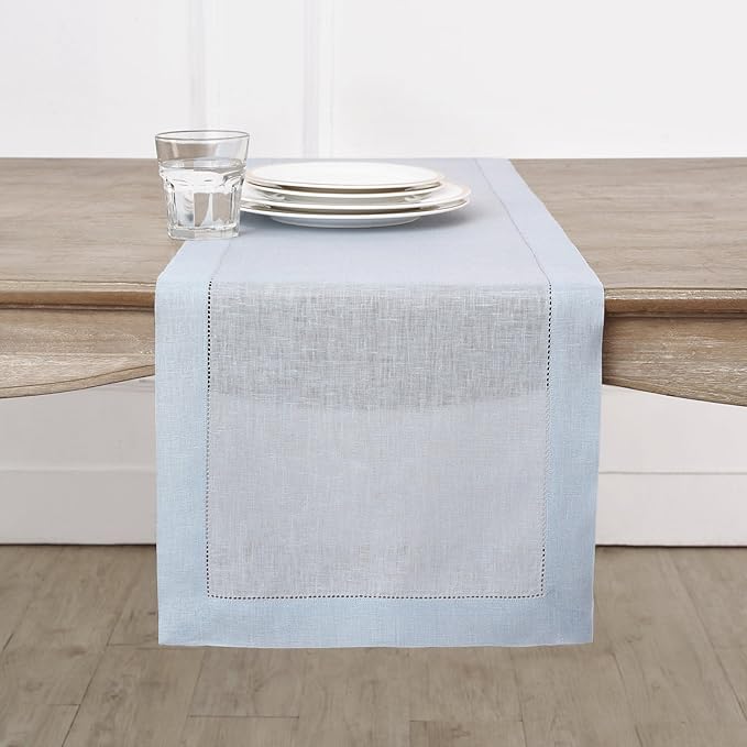 Solino Home Linen Light Blue Table Runner 36 Inches - Classic Hemstitch, 100% Pure Linen Coffee Table Runner 14 x 36 Inch Ideal for Dresser Tables