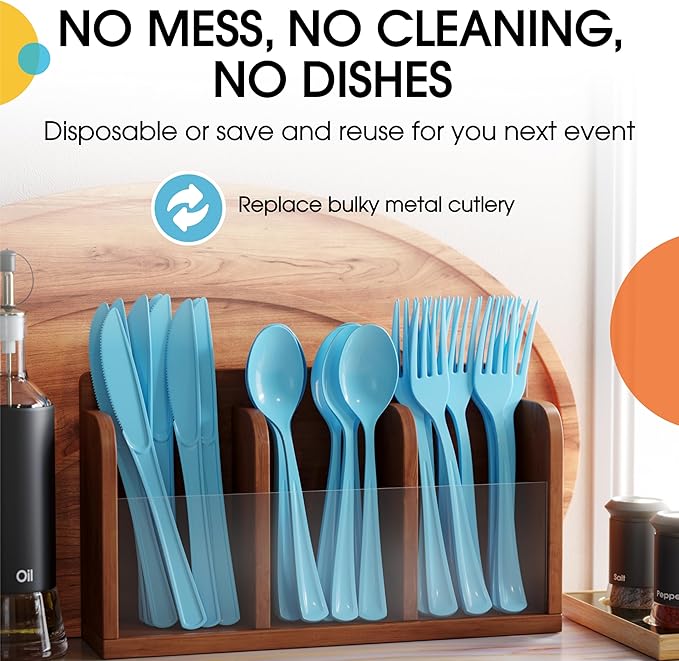 Plastic Spoons, Forks and Knives Set, Light Blue, 300 Pieces