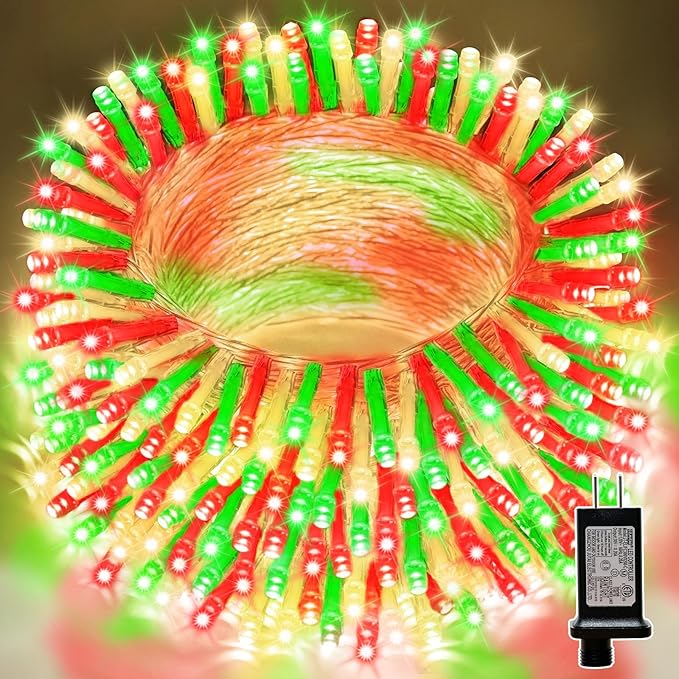 LAMPHOME 66ft Christmas Decorative Mini Lights, 200 LED Transparent Wire Fairy Starry String Lights Plug in, 16 Lighting Modes for Outdoor Xmas Tree Wedding Party Decoration (Red Green Warm)