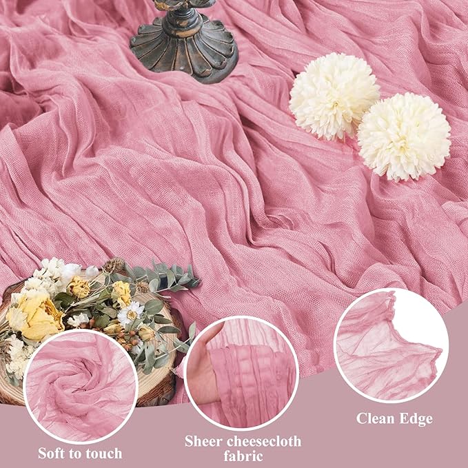 Asee'm 6pcs Cheesecloth Table Runner 120 Inches Long Pink Boho Gauze Cheese Cloth Runner 10FT Rustic Sheer Table Runners for Christmas Wedding Party Baby Shower Spring Easter Decoration