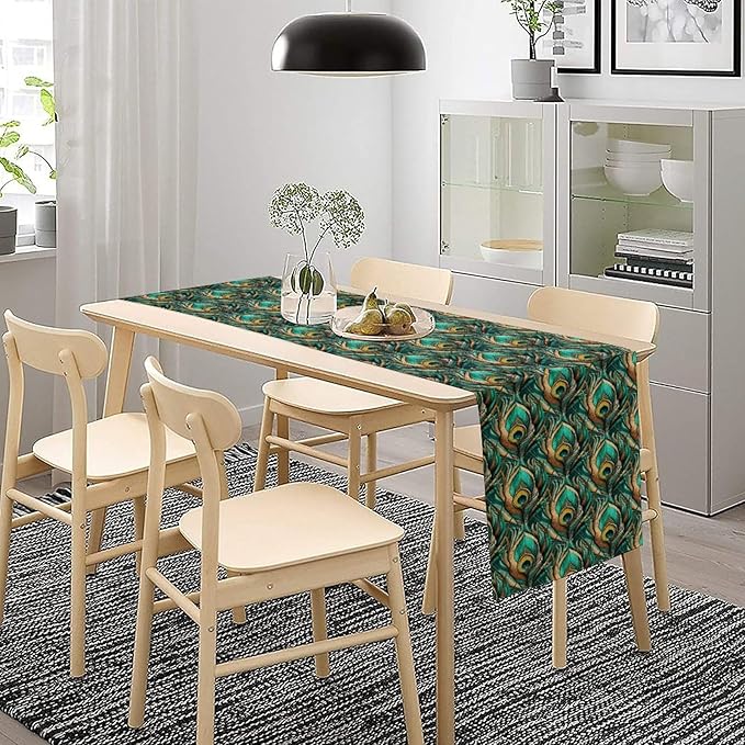 Peacock Feather Table Runner,Retro Aesthetic Green Table Runner for Home Kitchen Dining Party Indoor Outdoor Decoration 13x70 Inch