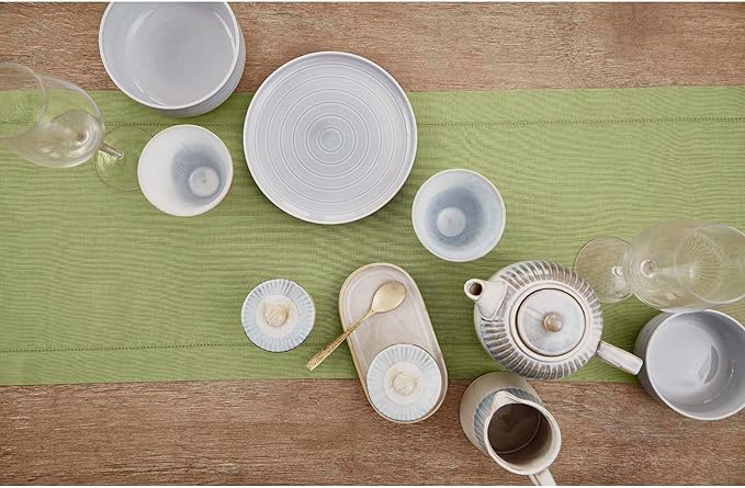 Solino Home Linen Moss Green Table Runner 156 Inches Long - 100% Pure Linen Extra Long Table Runner 14 x 156 Inch for Fall, Autumn, Thanksgiving - Classic Hemstitch