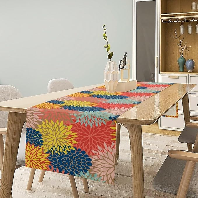 Dahlia Flowers Table Runner Colorful Floral Teal Grey Pink Yellow Blue Abstract Table Runner Kitchen Dining Party Decor Living Room, 13x90 Inch
