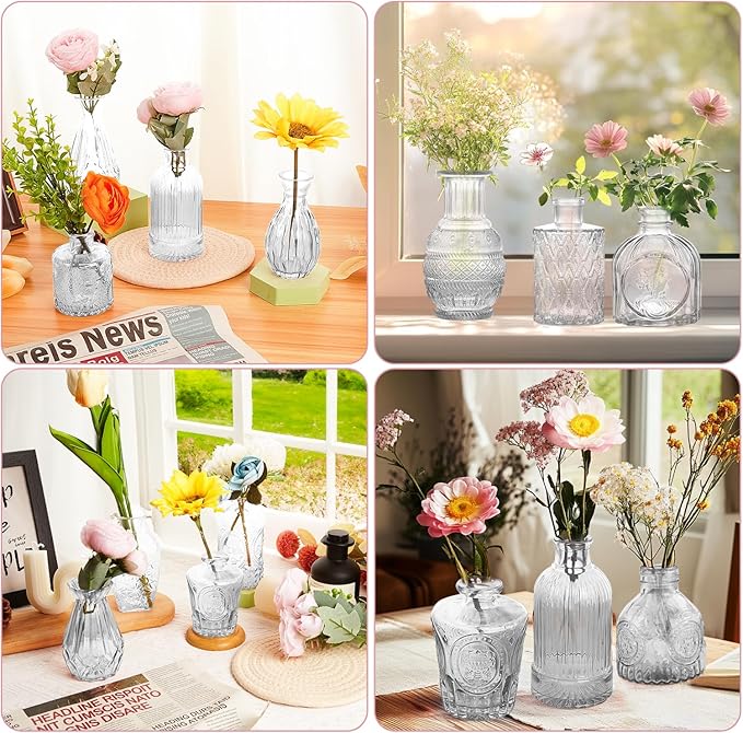 Glass Bud Vase Set of 12, Clear Bud Vases in Bulk, Small Flower Vases for Table Centerpieces, Mini Vintage Vases for Rustic Wedding Party, Bridal Shower, Home Decoration (12 Pack)