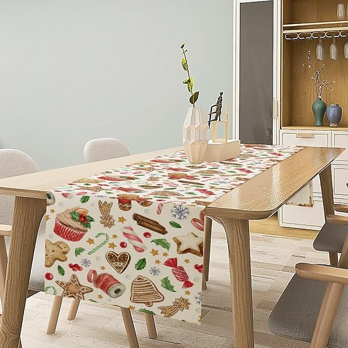 Christmas Table Runner, Christmas Gingerbread New Year Xmas Table Cloth Kitchen Dining Table Decoration for Home Party Decor 13x90 Inch