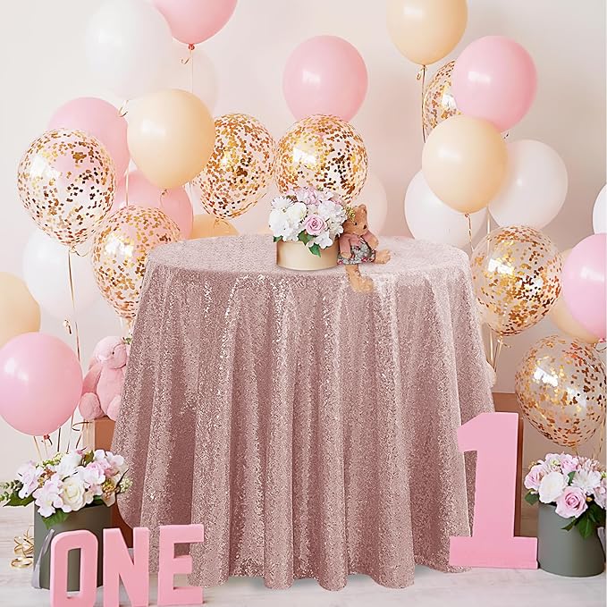 OQSQ Rose Gold Round Sequin Tablecloth, Glitter Tablecloth for Bridal Shower Decorations, Birthday, Wedding, Dessert, Banquet（50X50 inch Round,Rose Gold）