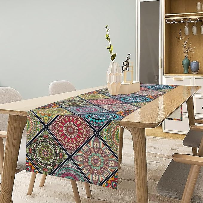 Boho Bohemian Table Runner, Vintage Indian Floral Print Table Cover for Farmhouse Kitchen Dining Table Decor Holiday Party, 13x120inch
