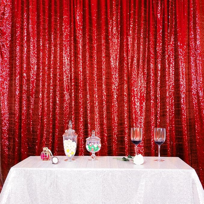 SquarePie Sequin Backdrop Curtain Not See Through Thick Glitter Background for Party 10FT x 10FT Red