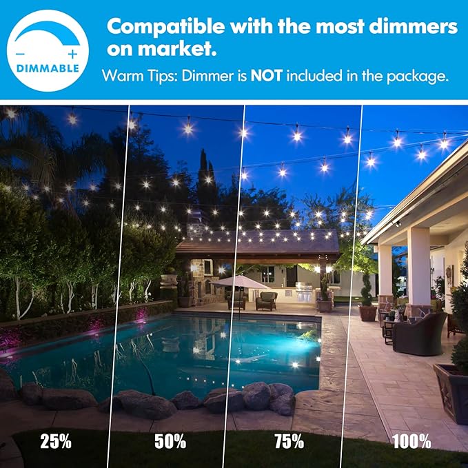 String Lights 48FT Outdoor Patio, 15 Sockets, Daylight White