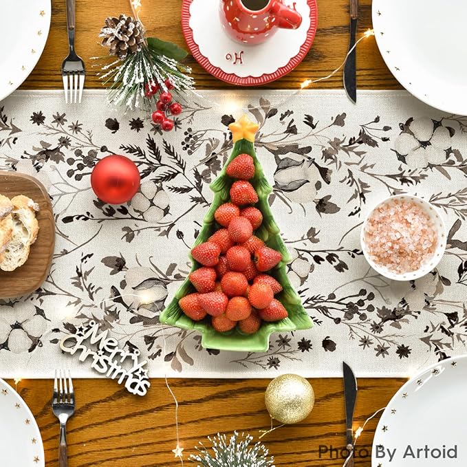 Artoid Mode Leaves and Flowers Cotton 210 GSM Winter Table Runner, Seasonal Christmas Kitchen Dining Table Decoration for Home Party Decor 13x48 Inch