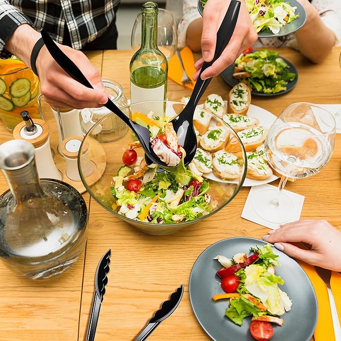 Serving Utensil Set: Black Plastic Spoons, Tongs and Forks